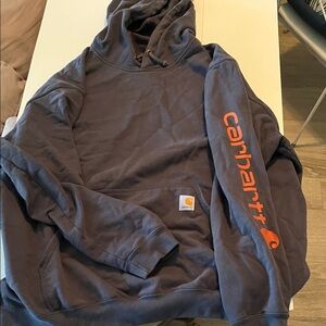 Carhartt Navy Hoodie with Vibrant Orange Logo